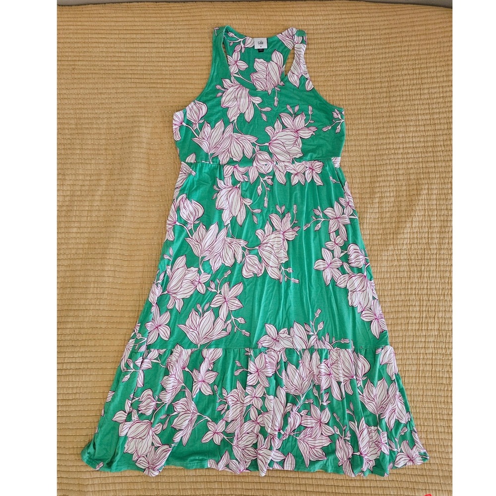 Cabi Green Floral‎ Racerback Midi Weekend Dress Empire Waist Tiered Pockets